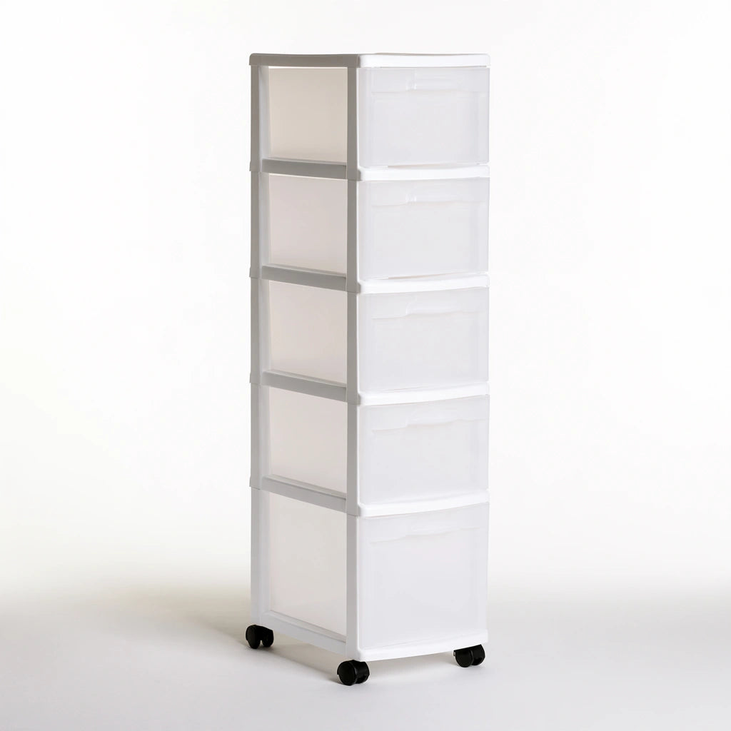Tour de rangement étroite en plastique à cinq tiroirs, coloris blanc