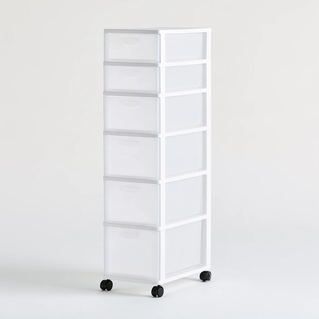 Tour de rangement étroite en plastique à cinq tiroirs, coloris blanc