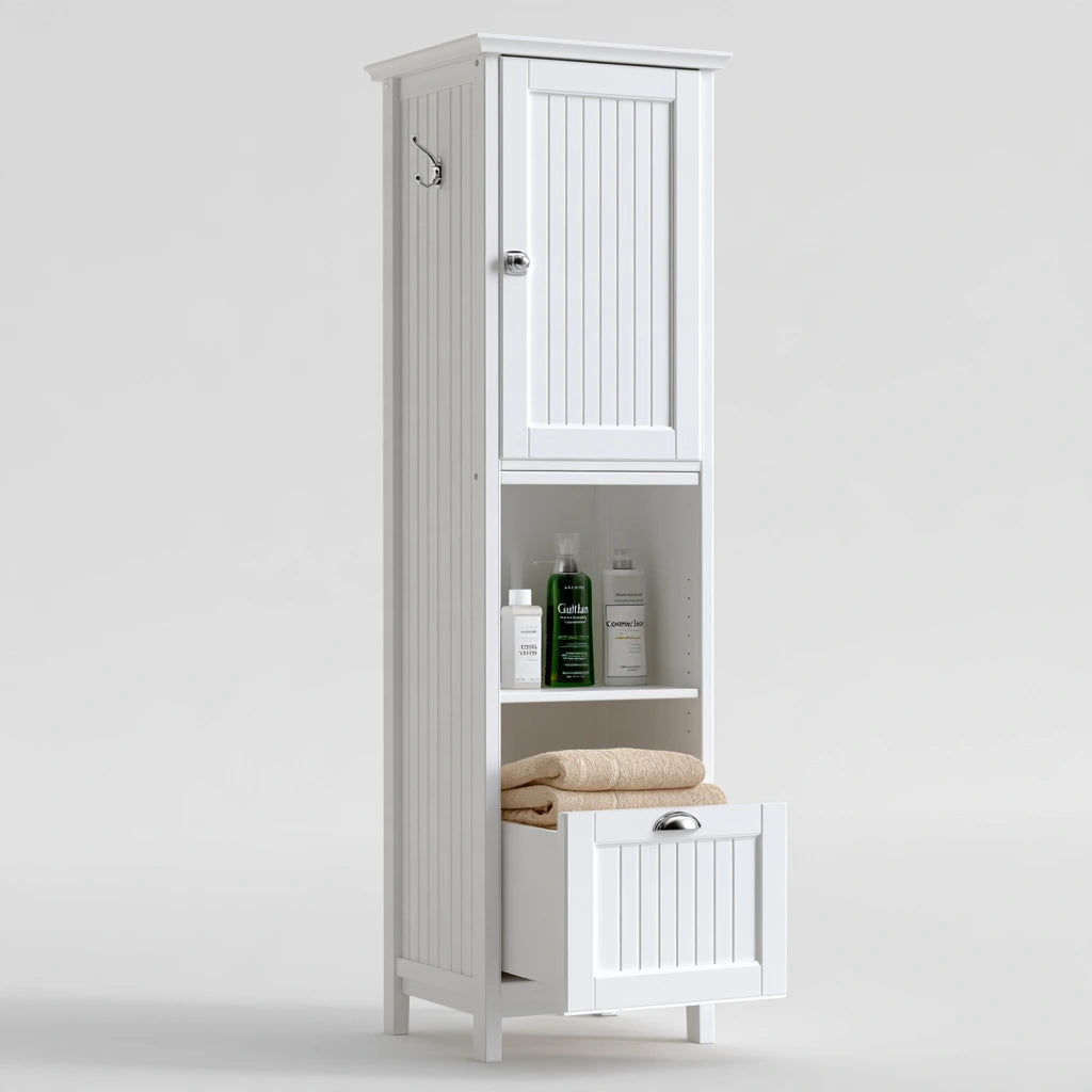 Colonne de rangement de salle de bains en bois, coloris blanc