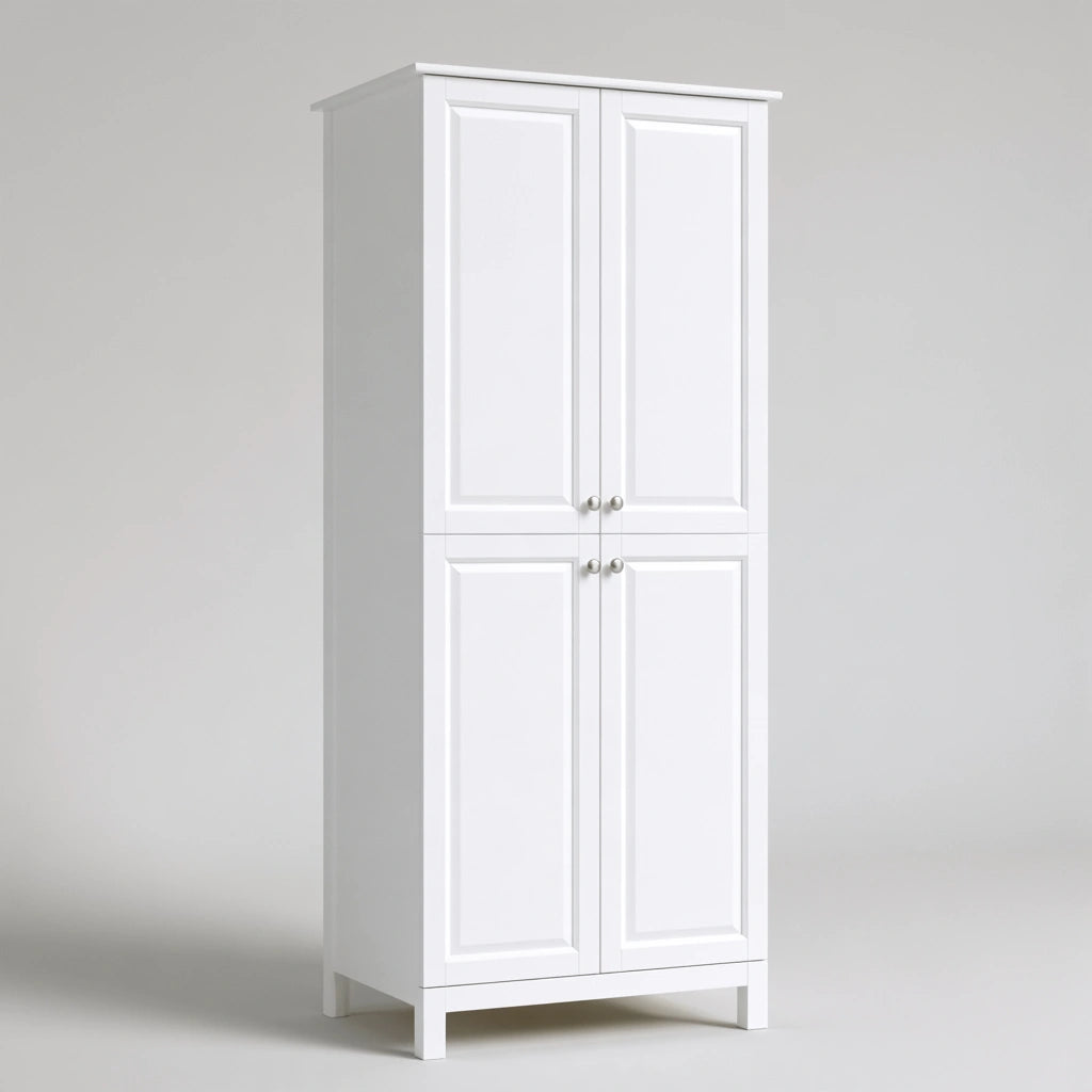 Meuble de rangement aux lignes épurées, coloris gris clair et blanc