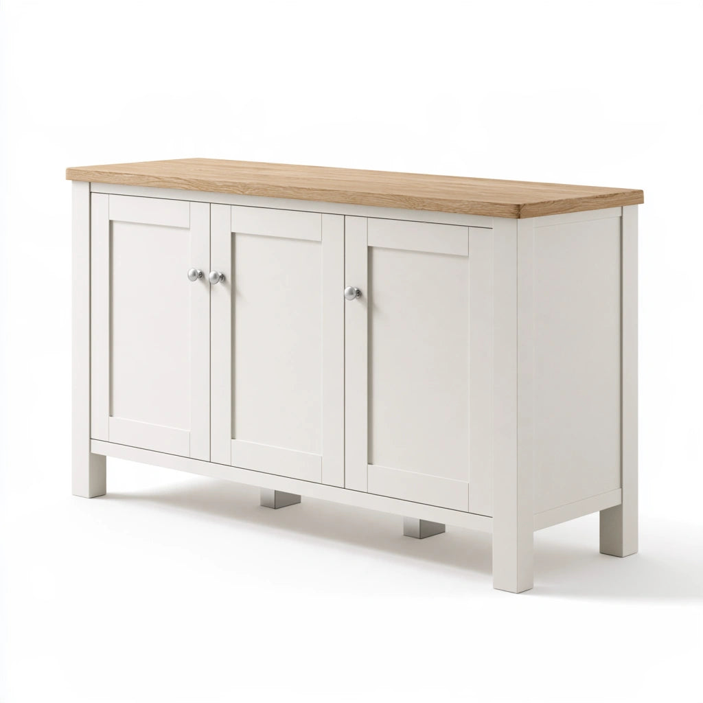 Buffet de rangement aux lignes épurées à trois portes, coloris gris