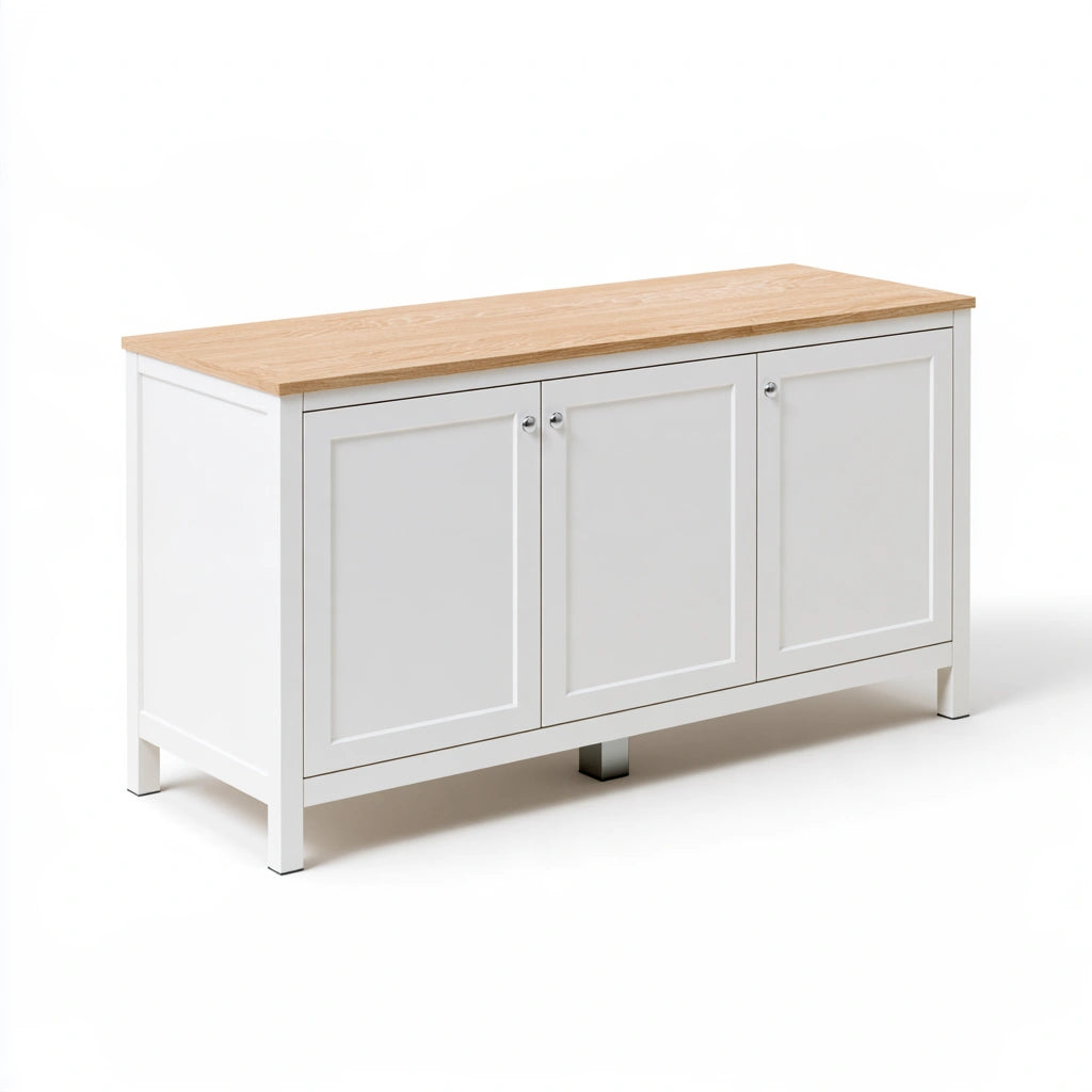 Buffet de rangement aux lignes épurées à trois portes, coloris gris