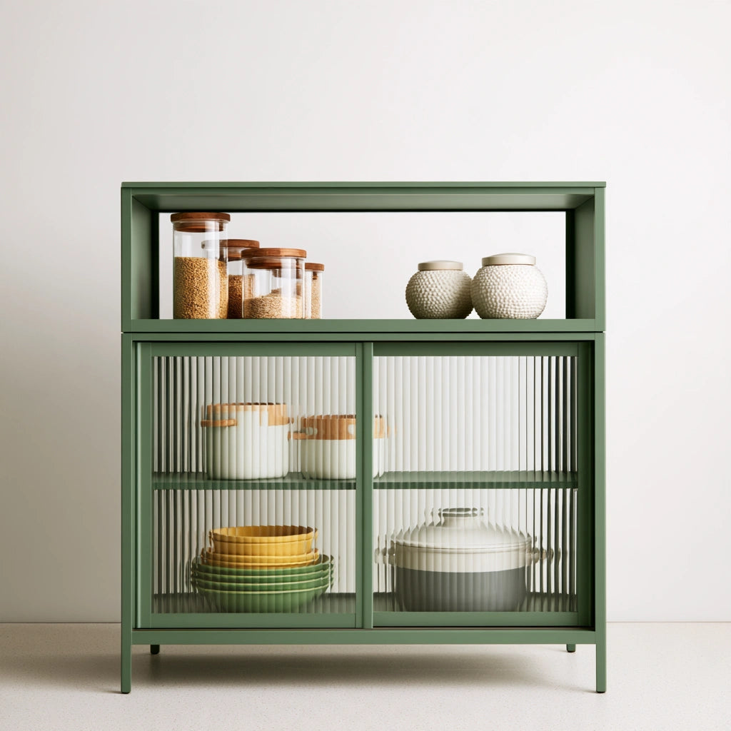 Meuble organiseur de cuisine aux lignes épurées à trois niveaux, coloris vert