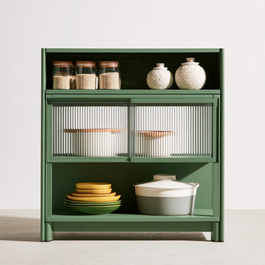 Meuble organiseur de cuisine aux lignes épurées à trois niveaux, coloris vert